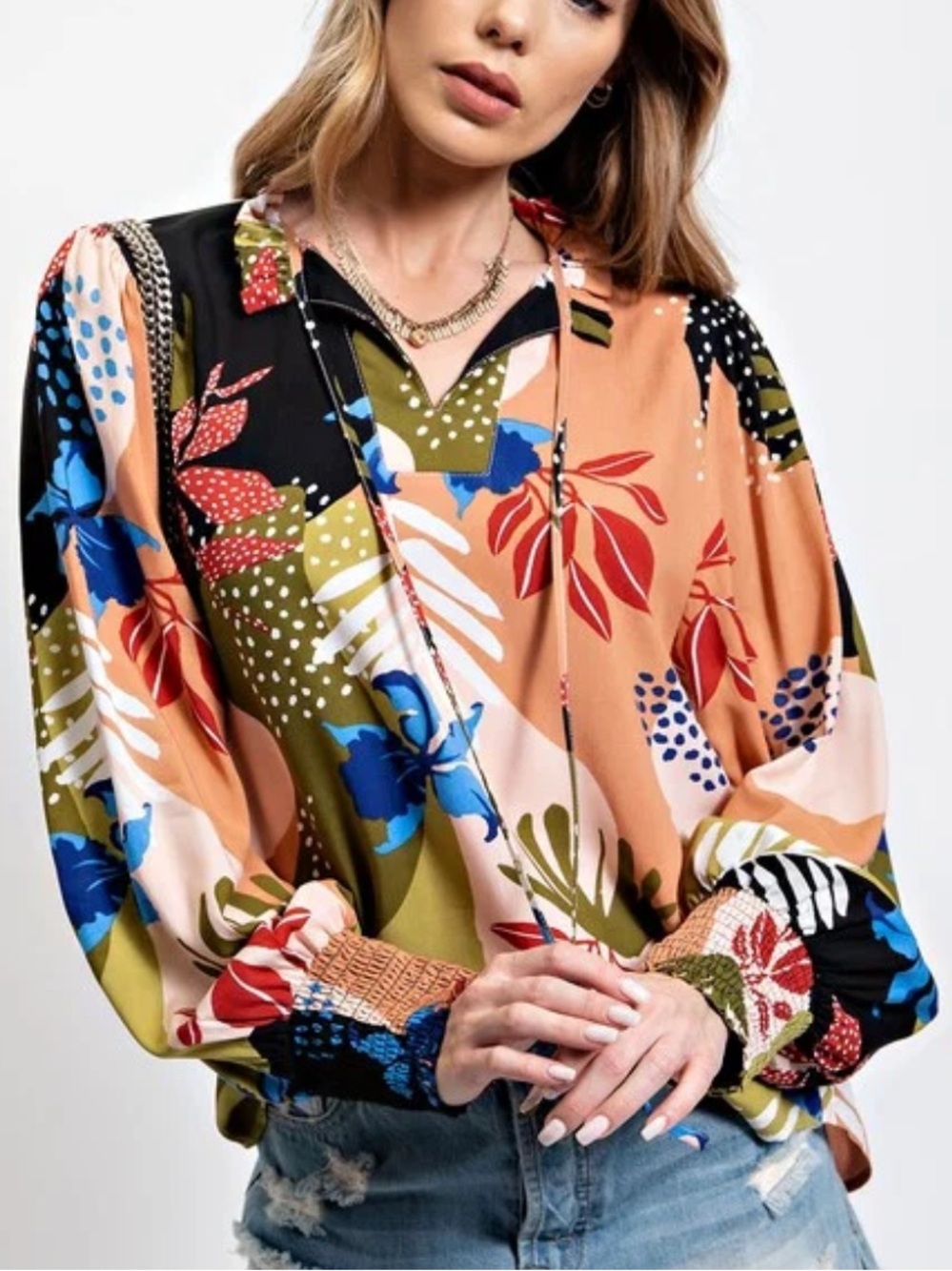 Easel Fall Orchid Botanical Boho Prairie  Ruffle Neck Peasant Blouse Sz S